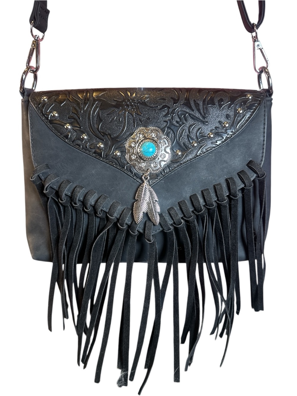 Lavawa Black Fringe Crossbody Bag with Turquoise Concho